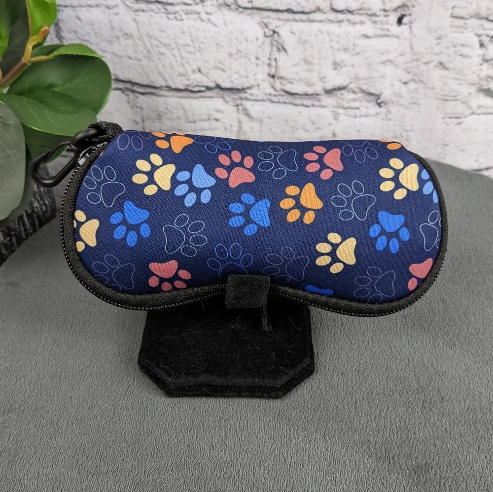 Blue neoprene paw print glasses eyewear sunglasses case, zipper, cats dogs